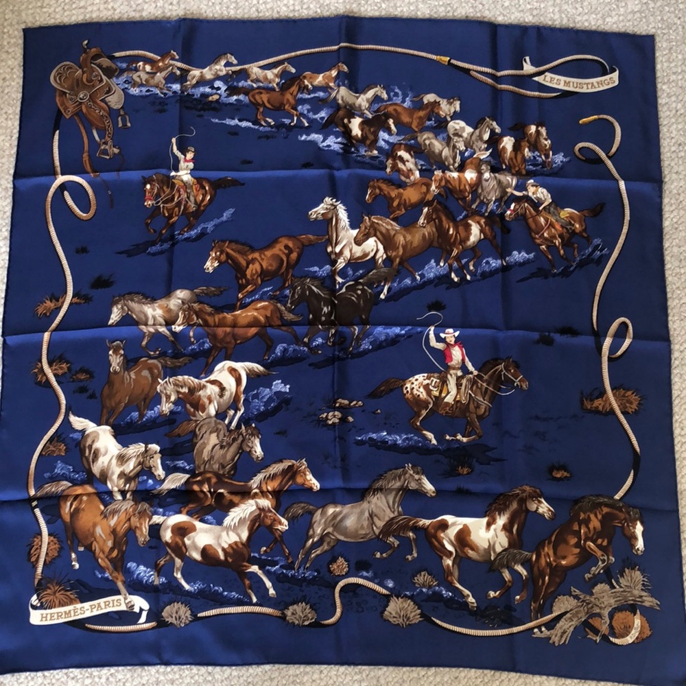 Hermès Blue and Brown Horse Print Scarf
